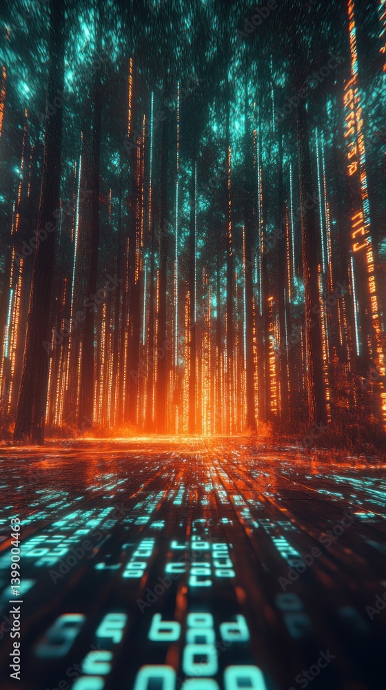 Poster enchanted forest with glowing binary code at dusk