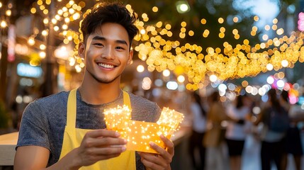 Smiling vendor holding string lights at night market