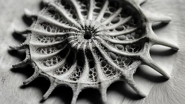 Intricate shell-like structure showcasing detailed patterns against a soft background
