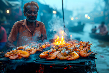 Amidst the serene backdrop of a coastal village, an Indian man skillfully grills freshly caught prawns over an open flame, the smoky aroma enticing passersby to taste the succulent seafood