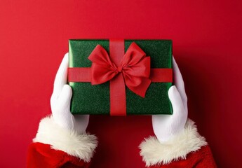 Santa Claus hands holding a beautifully wrapped green gift box with a red ribbon against a festive red background for Christmas celebration.