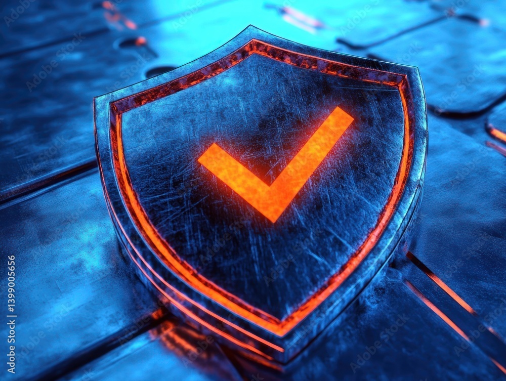 Poster metallic shield with glowing checkmark on textured surface