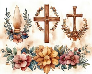 Symbols of Faith and Easter Celebration with Floral Decorations in Watercolor Style