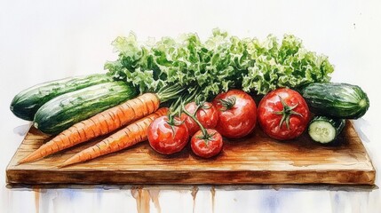 Watercolor Painting of Fresh Organic Vegetables on Wooden Cutting Board including Carrots Tomatoes Lettuce and Cucumbers