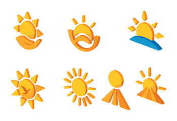 Obraz premium Isometric flat vector set of icons of symbolic suns: hope icon, rebirth icon, new beginning, clarity symbol, freedom in sun, radiant future, positivity ray, new path sun. isolated transparent