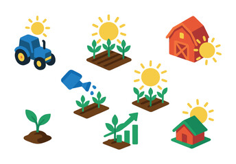 Isometric flat vector set of icons of farming and sun: tractor under sun, crops in rays, barn with sun, watering field, sunny weather for plants, plant growth chart, seedling icon, farm icon with sun