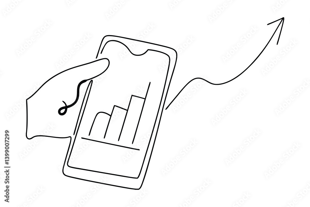 Poster continuous line drawing of hand holding phone with rising bar chart and arrow representing business 