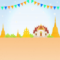 Obraz premium nature background Thai temple, Buddha statue and Sand pagoda for asia and thailand festival illustration landscape design