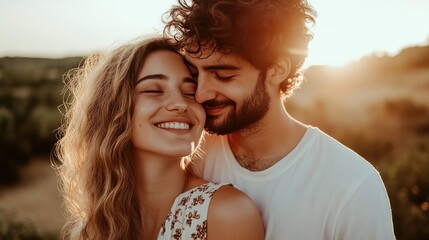 A loving couple embracing warmly under the golden setting sun