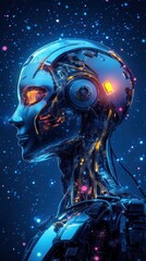Futuristic robotic head with glowing features in space