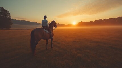 Equestrian Sunset A Rider and Horse in a Golden Field at Dusk