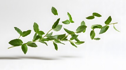 Fresh Mint Sprig with Floating Leaves Herbal Background