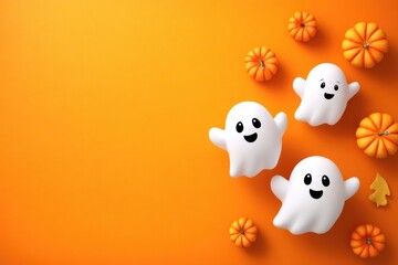 A playful Halloween scene featuring cheerful ghosts and vibrant pumpkins, set against an orange backdrop, perfect for adding your own text.