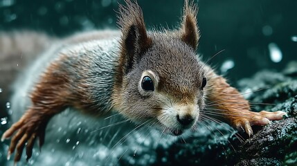 Fototapeta premium Red Squirrel Leaping Through Rain: Close-Up Wildlife Photography