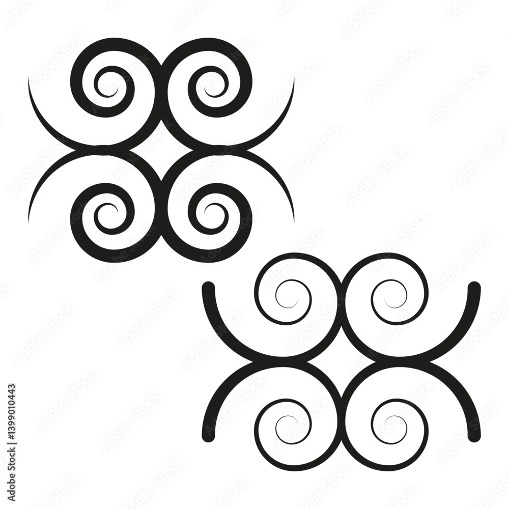Poster swirl corner symbol. spiral cross shape. ornamental curl vector. black abstract emblem.