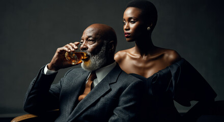 Elegant mature african man drinking whiskey with young african woman in evening attire