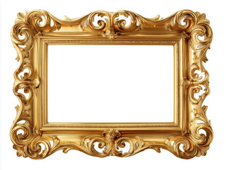 Opulent Rococo style picture frame with intricate gold finishes isolated on a white background