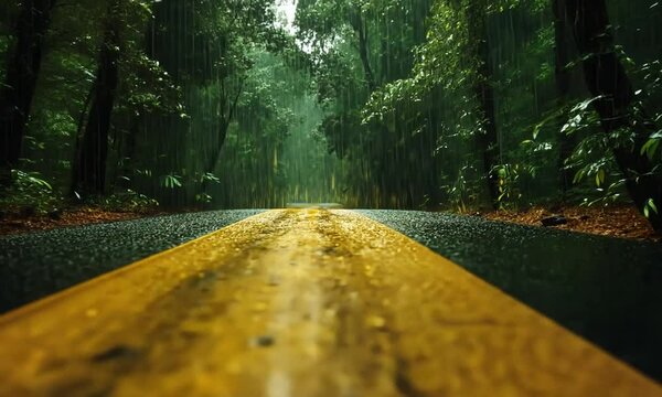 Serene Rainy Road Through Lush Green Forest with Tranquil Atmosphere