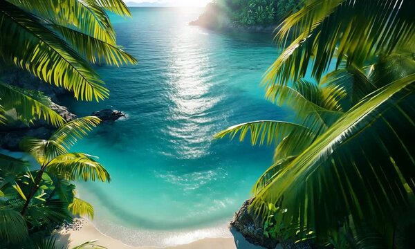 Serene Tropical Beach with Lush Palm Trees and Calm Waters