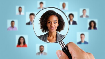 Magnifying glass highlights new talent among employee portraits.