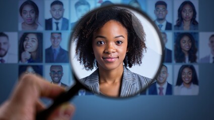 Magnifying glass highlights new talent among employee portraits.
