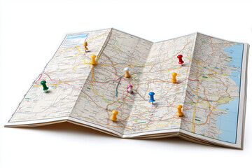 Colorful push pins mark various locations on a detailed paper map during an afternoon planning session