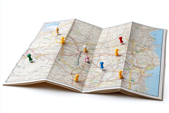 Colorful push pins mark various locations on a detailed paper map during an afternoon planning session