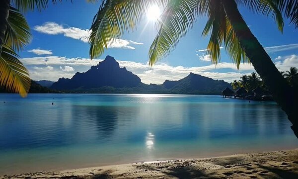 Serene tropical landscape with palm trees and mountain backdrop
