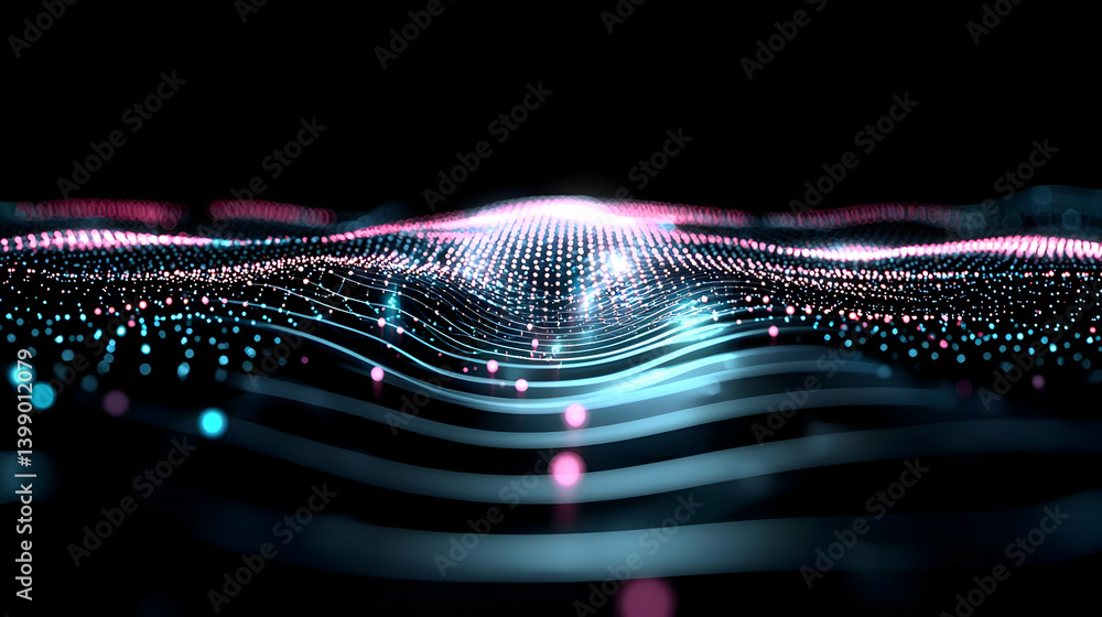 Poster abstract glowing wave pattern with digital particles