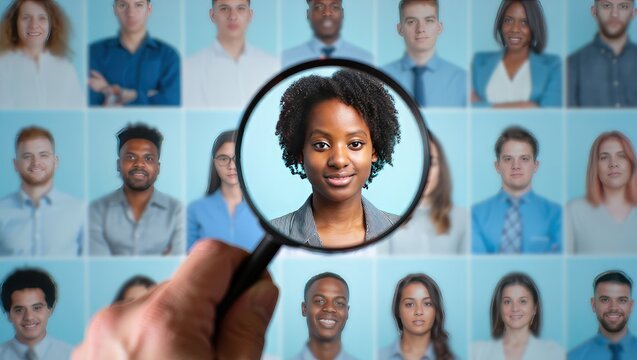 Magnifying glass highlights new talent among employee portraits.