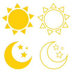 Sun and moon flat icon set in different style isolated on white background.