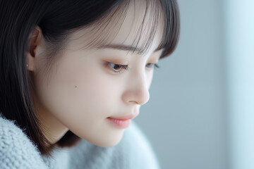 Peaceful side profile of young Japanese woman in soft natural light with minimal makeup