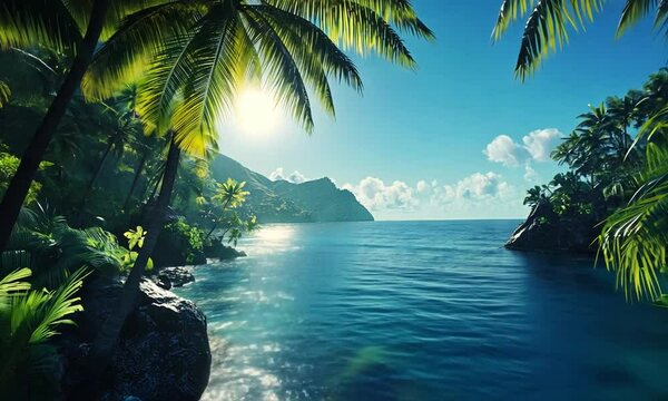 Serene tropical landscape with sunlit ocean and lush palm trees
