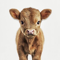Fototapeta premium Portrait of a cute brown calf with wide eyes and fluffy fur, isolated against a plain white backdrop. Young and gentle expression.