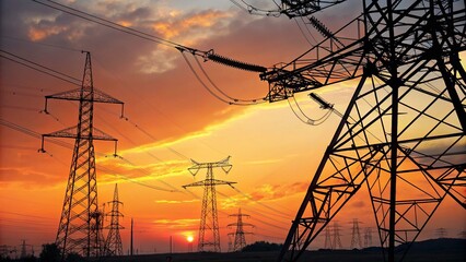 Sunset power lines, highlighting the towers and colorful sky.
