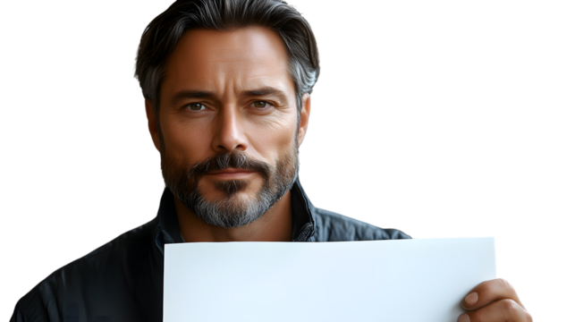 A mature man with a beard holding a blank sign ideal for advertising and promotional content