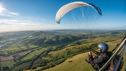 A paraglider soaring over a scenic mountain landscape under a blue sky.
