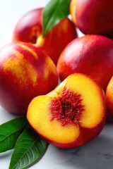 A selection of bright orange peaches, showcasing juicy peach wedges, set against a light background. The file comes with cut-out paths for convenient application.