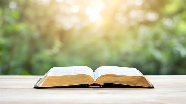 Open Bible On Wooden Table With Blurry Green Background
