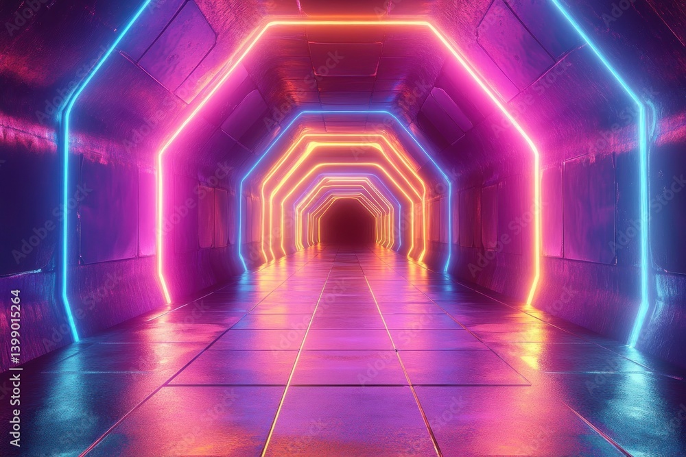 Poster abstract neon tunnel cyberpunk environment with glowing hexagonal shapes and dynamic lighting