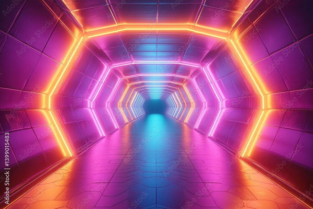 Poster futuristic neon tunnel cyberpunk abstract background hexagonal portal virtual reality environment gl