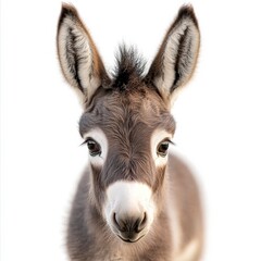 Obraz premium A young donkey with a sweet face and wide eyes poses against a bright white background, capturing its charm and innocence.