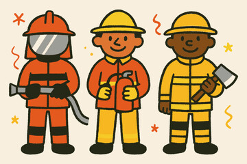 Fototapeta premium Three cartoon firefighters in Naive Art and Children's Book style. Each wears a different uniform and holds unique gear: hose, extinguisher, axe. Perfect for kids’ books, professions, safety themes.