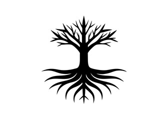 Symbol of life, nature, and roots: A simple yet compelling silhouette of a tree, its roots deeply grounded, reaching towards the sky in a stark black and graphic illustration.