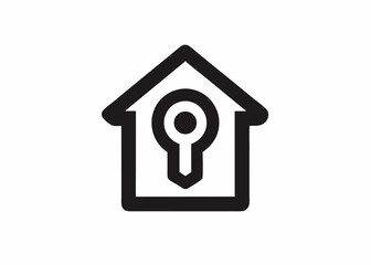 Safe Home: A simplified illustration of a house, security and protection symbol, and keyhole depicting a secure environment for property or personal information.