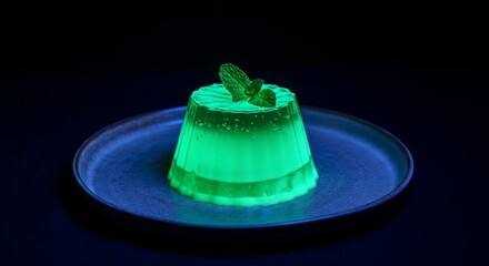 Glowing green jelly dessert with mint garnish on blue plate