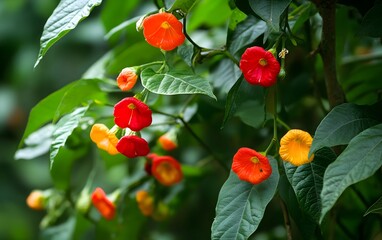 Vibrant Red and Orange Flowers Blooming on Lush Green Foliage