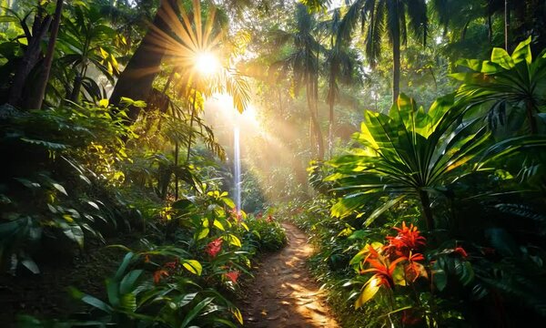 Serene Jungle Pathway with Sunlight Filtering Through Lush Foliage