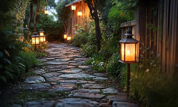 Serene garden pathway illuminated by lanterns, surrounded by greenery