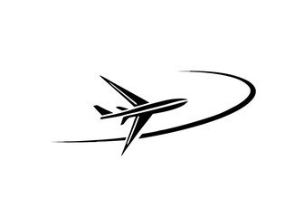 Soaring Above: An aircraft gracefully cuts through the air, leaving a dynamic trail, symbolizing innovation and progress. This emblem encapsulates the spirit of flight and travel.